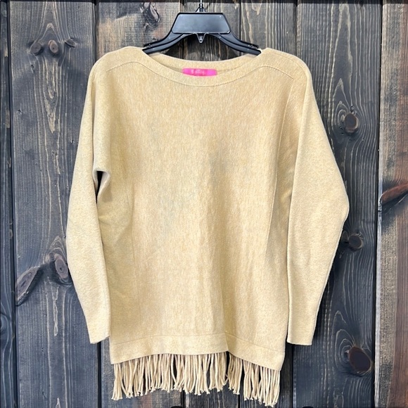 Lilly Pulitzer Fringe Sweater XS Tan Gold Coolmax All Seasons Boho Preppy Casual - Picture 1 of 7